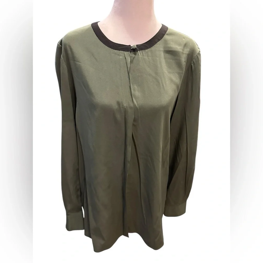 Tory Burch Chic Olive Green Blouse with Black Trim size 10